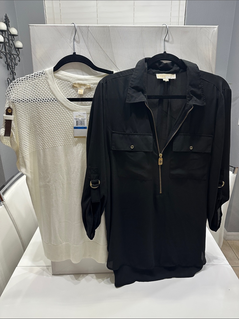 LOT 2 Michael Kors Tops Size XL: White Open-Knit Sweater NWT & Black Blouse